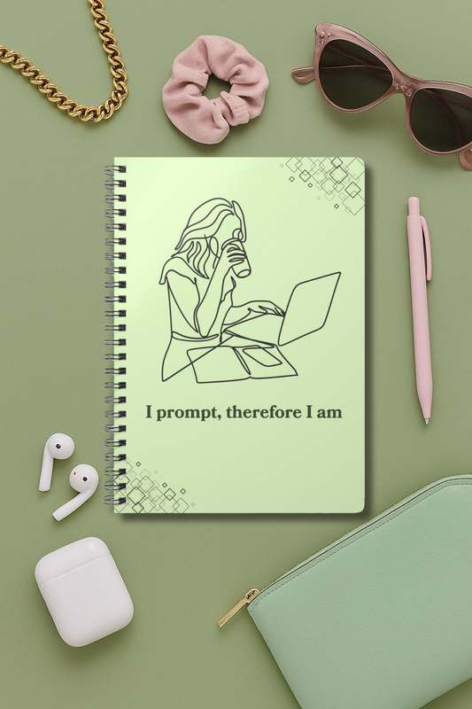 'I prompt, therefore I am' green notebook