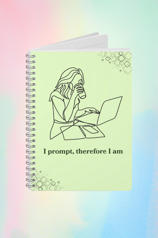 'I prompt, therefore I am' green notebook